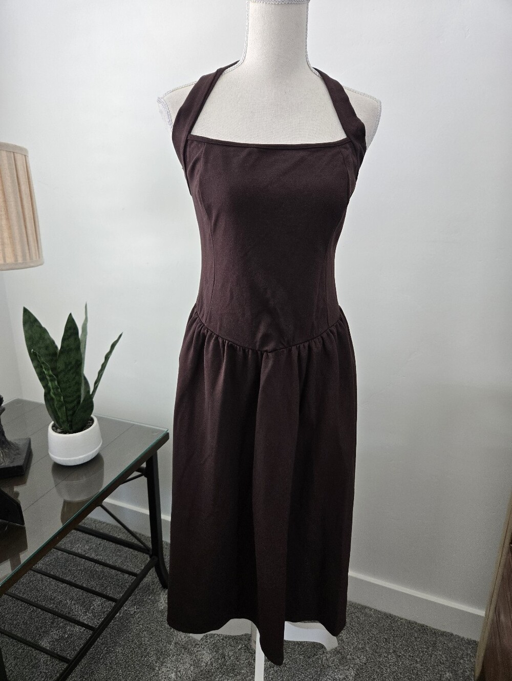 21 Saints chocolate brown halter midi dress drop-waist silhouette size Large.